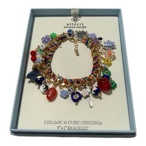 Atterri gold tone cubic zirconia & ceramic 7”+1” charm bracelet 30 charms